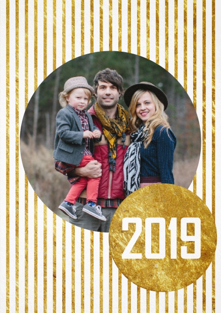 New Years Greeting card with large photo on golden striped background with golden 2019