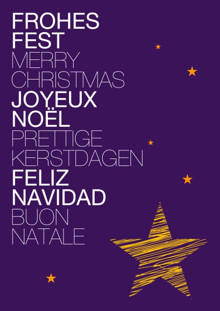 Online Lila Weihnachtskarte mit goldenem Stern und Frohes Fest in verschiedenen Sprachen.