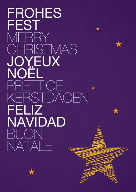 Lila Weihnachtskarte mit goldenem Stern und Frohes Fest in verschiedenen Sprachen.