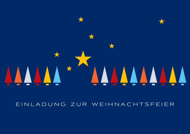 Online Blaue Einladungskarte zur Weihnachtsfeier mit einer Reihe bunter Weihnachtsbäume und goldenen Sternchen.