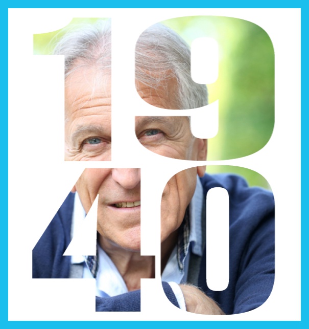 1940 geboren - Blau - 80. Geburtstag Online Einladungskarte zum 80. Geburtstag mit grossem ausgeschnittenen Geburtsjahr 1940 für ein eigenes Foto. Blau.