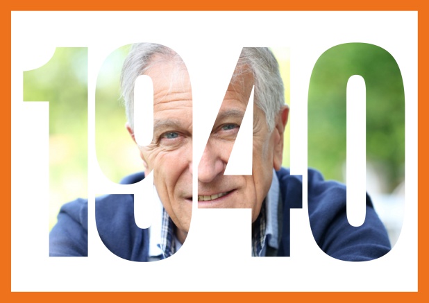 1940 geboren quer - Orange - Jahrestag Online Einladungskarte mit ausgeschnittener 1940 für Geburtstagseinladungen mit eigenem Foto oder Image. Orange.