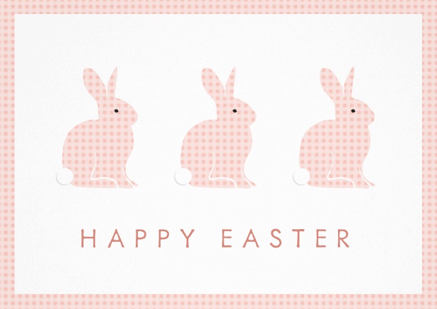 Wish Happy Easter with this beau Easter card with three Easter Bunnies. Pink.