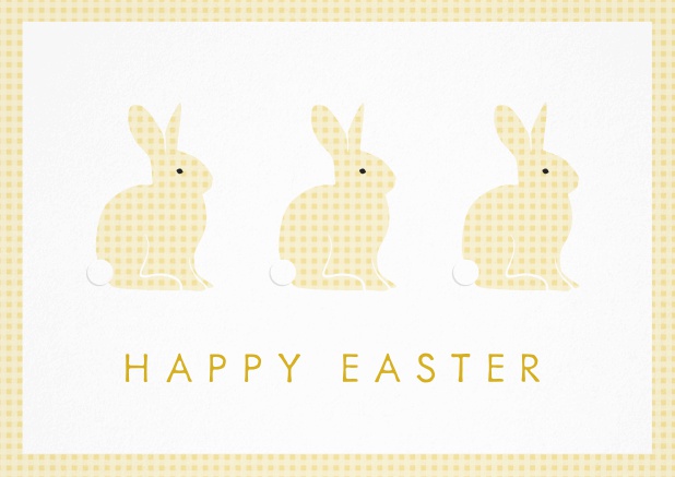 Wish Happy Easter with this beau Easter card with three Easter Bunnies. Yellow.