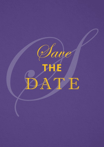 Save the Date card with illustrated yellow text on purple card