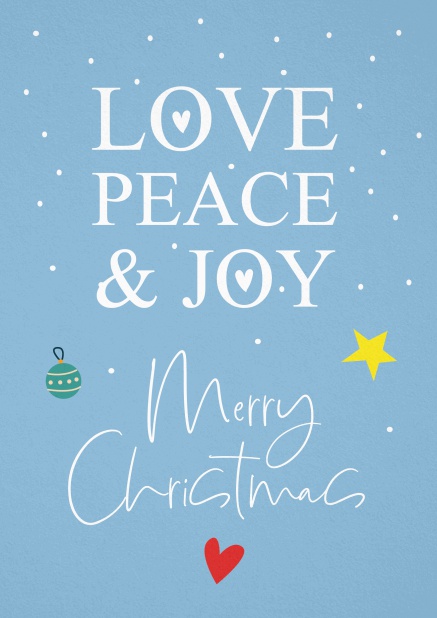 Blaue Weihnachtskarte mit Love, Peace & Joy
