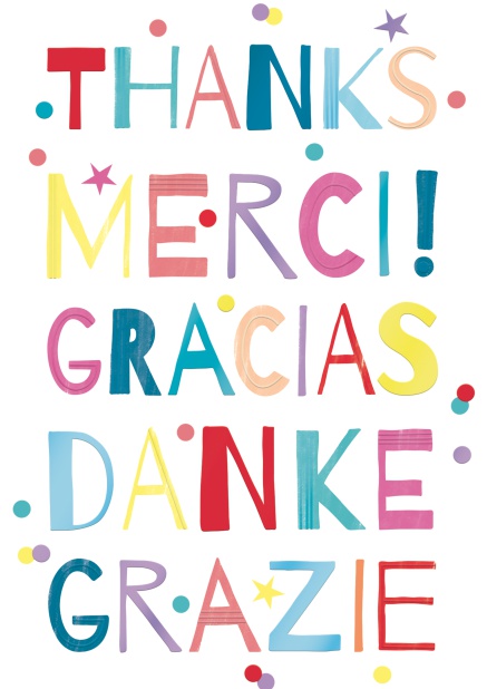 Online Dankekarte mit thanks, merci, gracias, danke, grazie