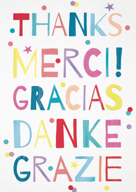 Thank you card with thanks, merci, gracias, danke, grazie