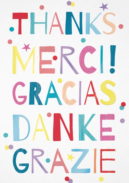 Dankekarte mit thanks, merci, gracias, danke, grazie