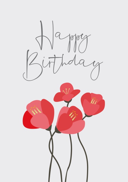Blaue Online Geburtstagskarte mit "Happy Birthday" Text und Mohnblumen.