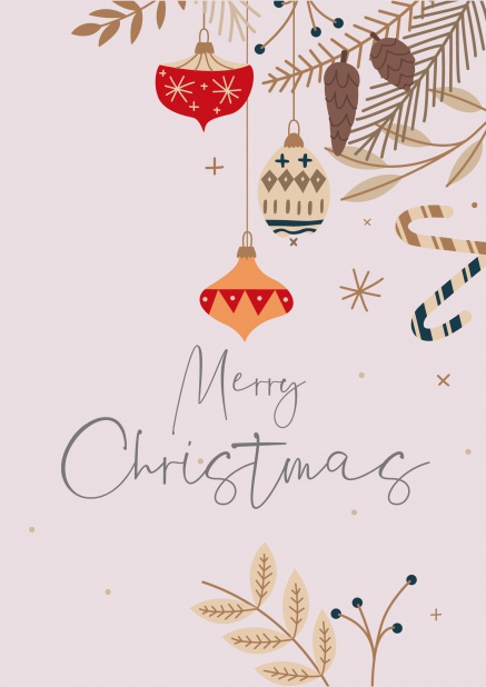 Lavender Holiday Card with Christmas ornaments and Candy Canes