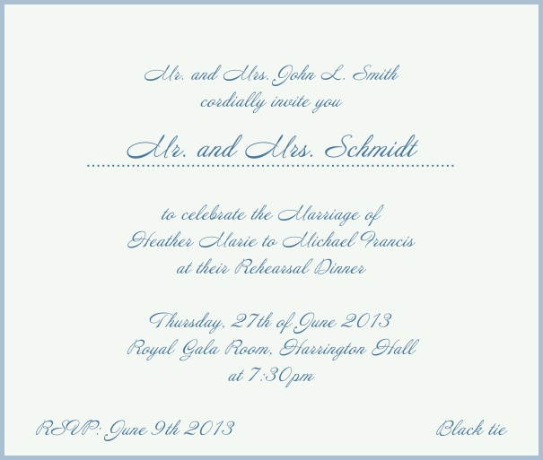 Beige, classic Wedding Invitation with red border. Blue.