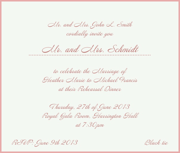 Weiße elegante Einladungskarte mit rotem Rahmen. Rosa.