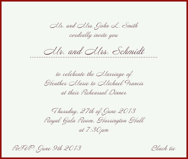 Weiße elegante Einladungskarte mit rotem Rahmen.