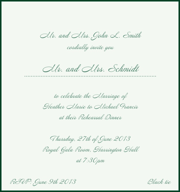 Beige, classic Wedding Invitation with red border. Green.