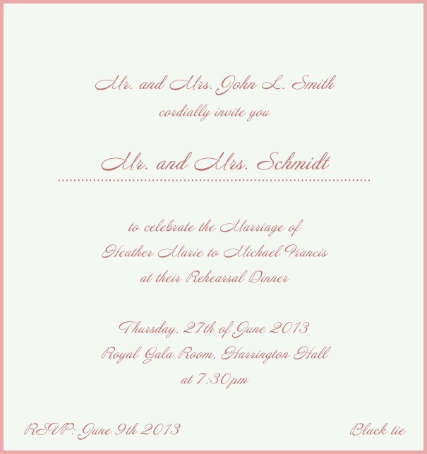 Beige, classic Wedding Invitation with red border. Pink.