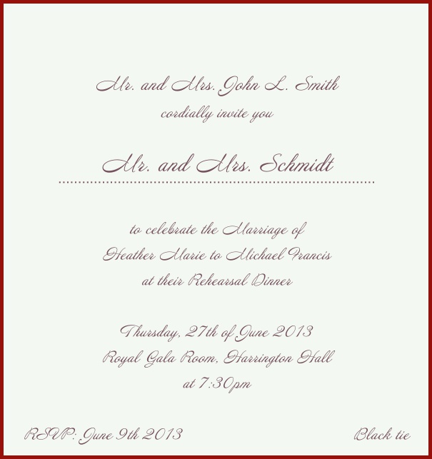 Beige, classic Wedding Invitation with red border. Red.