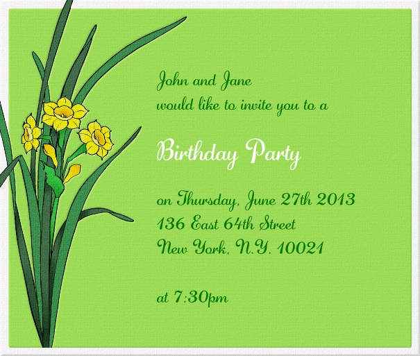 Grüne, frühlingshafte online Einladungskarte mit gelben Blumen.