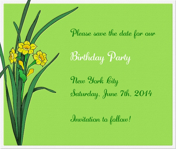 Daffodils Dream - Floral Green Spring Themed Seasonal Party Save the Date Card with Flowers.