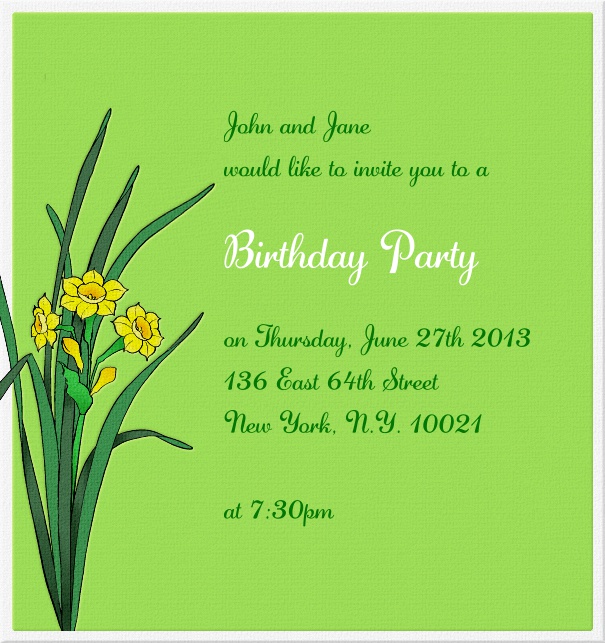 Daffodils Dream - Floral Green, spring-like Invitation Template with daffodils.