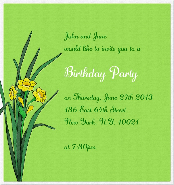 Green, spring-like Invitation Template with daffodils.