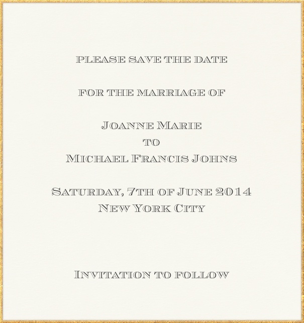 Traum von Athen - Kostenfreie Designs Hochzeits Save the Date Karte in Hochkant mit Goldrand und persönlicher Anrede des Empfängers.