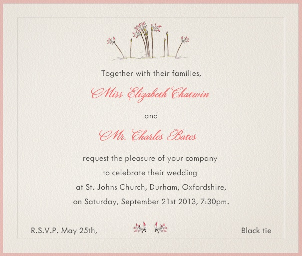 Online Einladungskarte mit rosa Rand und rosa Frühlingsblumen.