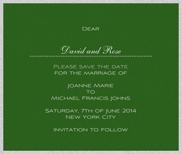 Cork Charme - Kostenfreie Designs Grüne Hochzeits Save the Date Karte mit weißem Rand und persönlicher Anrede des Gastes.