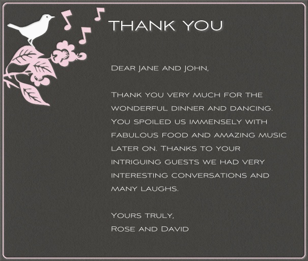 Online Dankeskarte mit Schriftzug Thank you und rosa Zweig und Vogel.