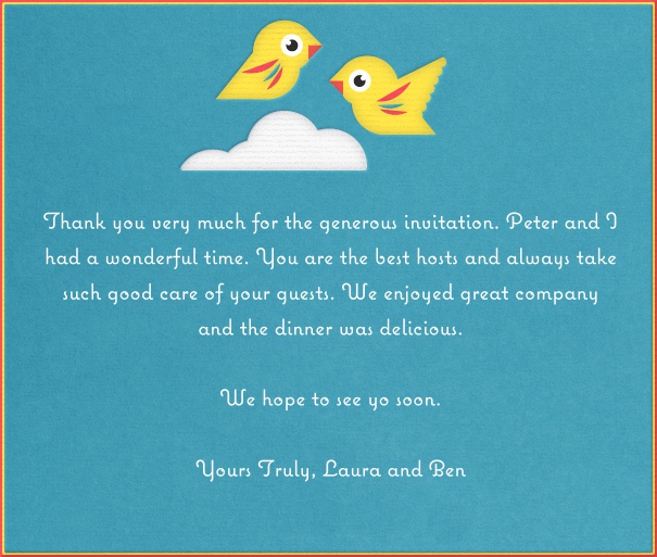 Turquoise Children's Card with two Birds and cloud.