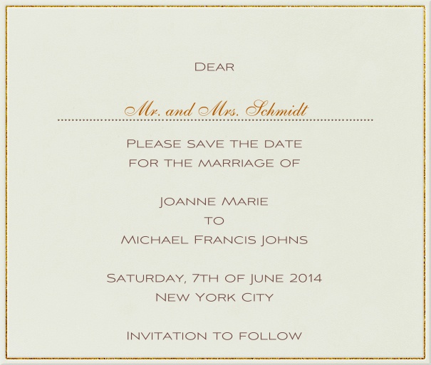 Online Hochzeits Save the Date Karte mit Goldrand und persönlicher Anrede des Gastes.