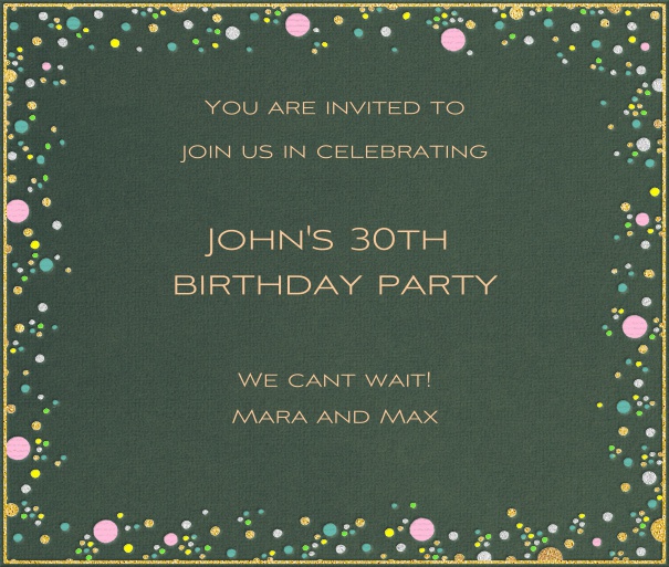 Green card with colorful bubbles as a frame, designed for online invitations with customizable text.