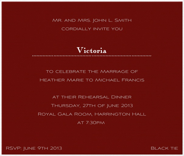 Rote, elegante Einladungskarte mit weißem Rahmen und Empfängernamen für die persönliche Anrede.