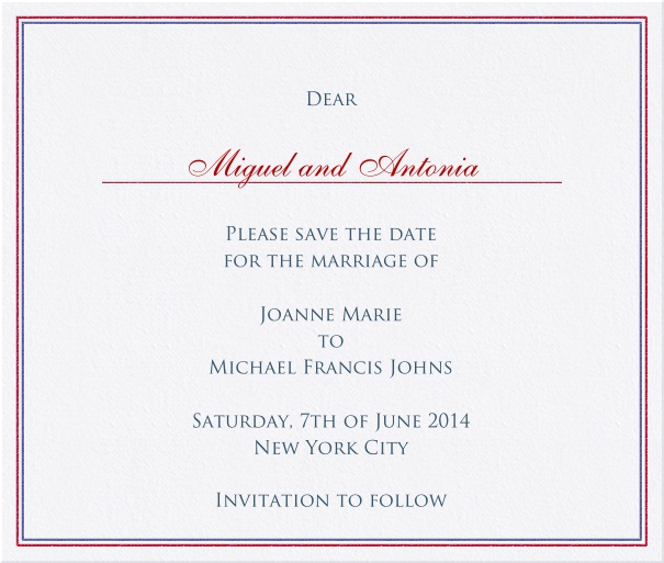Oxford Chic - Free designs Wedding Save the Date Card with red and blue border.
