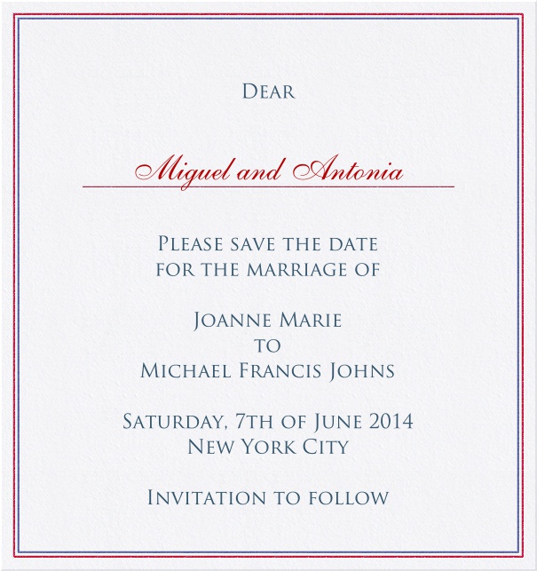 Oxford Chic - Free designs High format Wedding Save the Date Card with red and blue border.