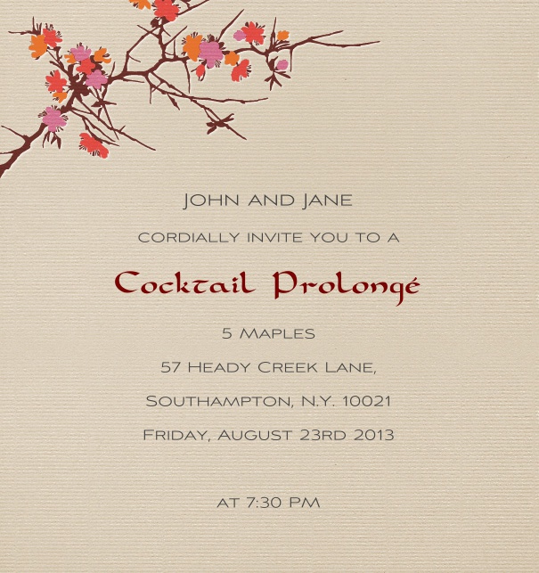 High Format Seasonal Brown fall cocktail party invitation template with branches and leaves.