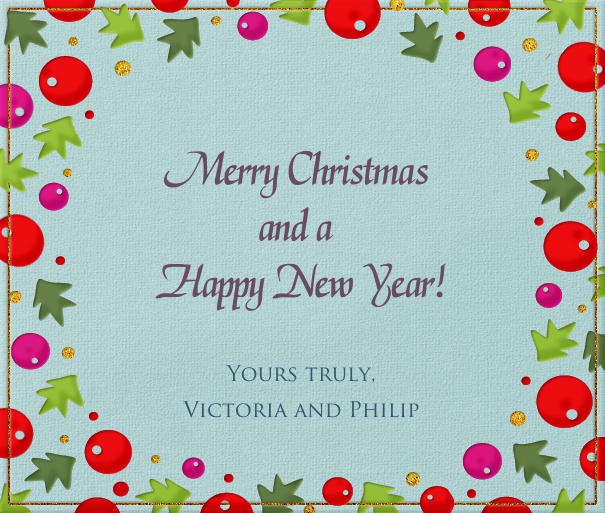 Weihnachtskarte online mit bunter Weihanchtsbaumdeko als Rahmen.