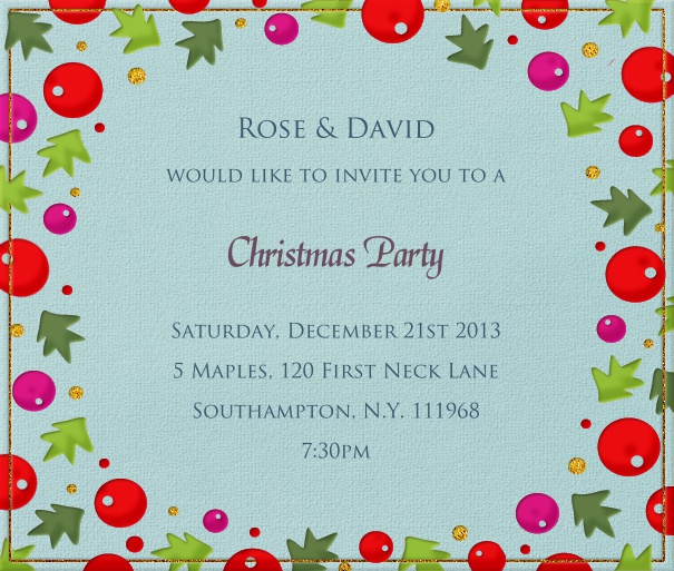 Green Christmas square format invitation card with Christmas decoration around the card. Including designed text in yellow and blue to match the card.