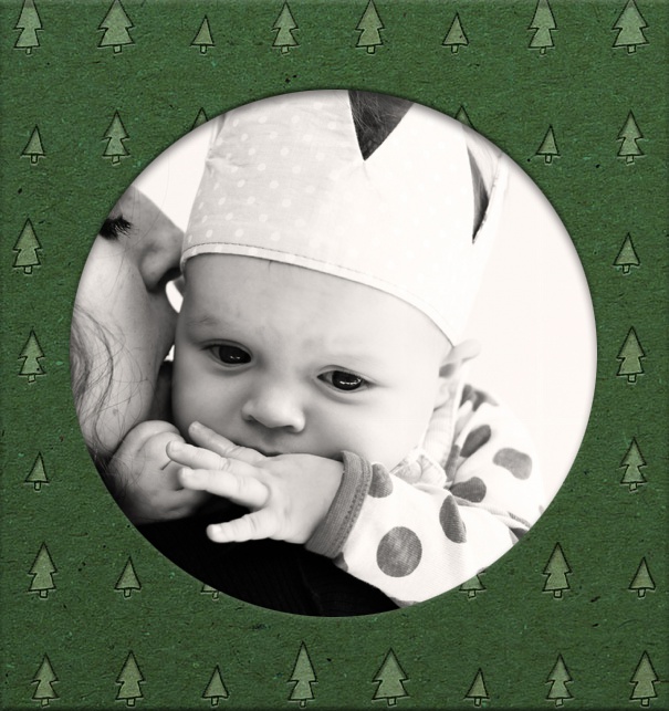 Christmas Themed Photo Card with Green Chrstmas trees and second card for customizable text.