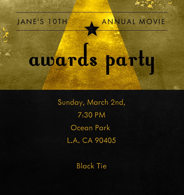 Celebration, Carnival, or Awards Party invitation online with spotlight and gold background.