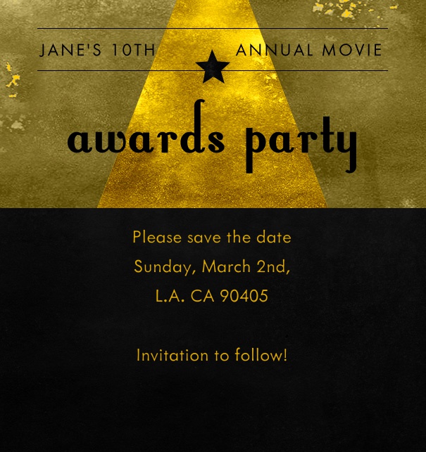 Celebration, Carnival, or Awards Party online save the date with spotlight and gold background.