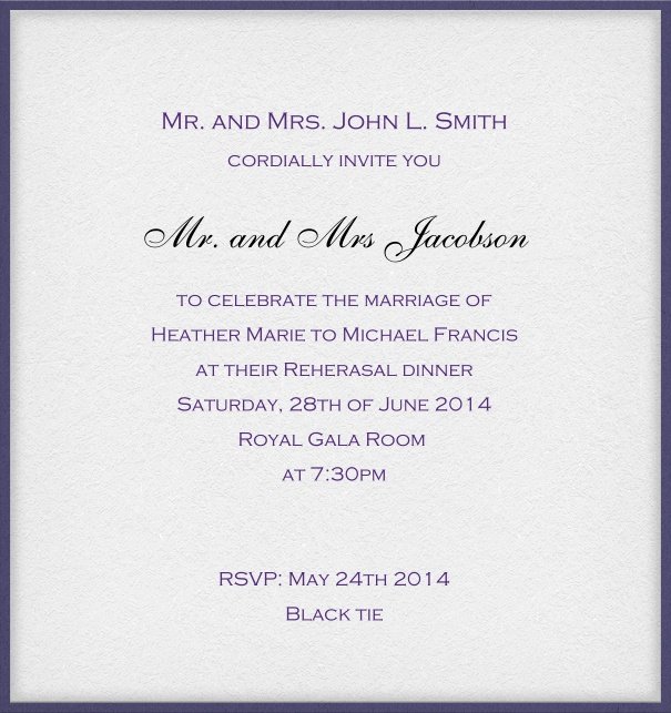 Classic white formal invitation card with blue frame and recipient name box.