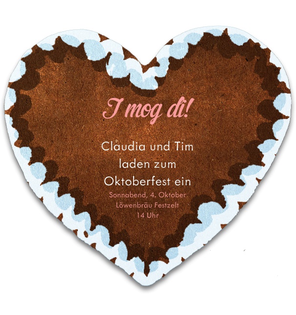 Oktoberfest Online Einladungskarte mit Lebkuchen Herz Motiv und editierbarem Textfeld.