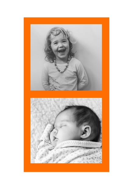 Weisse Fotokarte mit zwei Fotofeldern und Rahmen, der in verschiedenen Farben vorhanden ist. Orange.