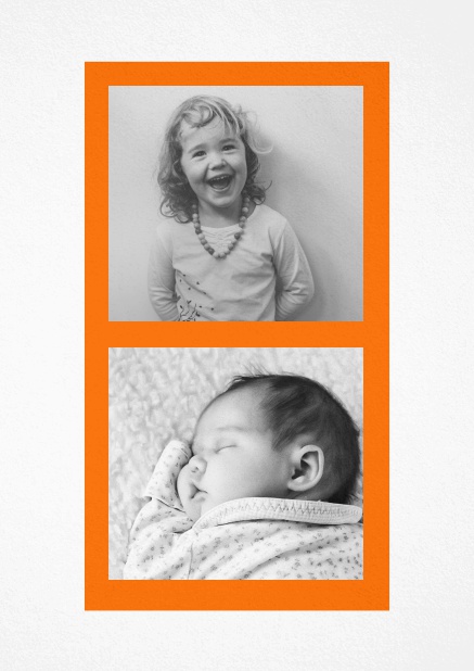 Weisse Fotokarte mit zwei Fotofeldern jeweils mit orangenem Rahmen umrahmt. Orange.