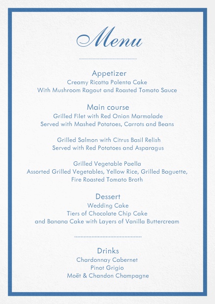 Menu card design with blue border and editable text.