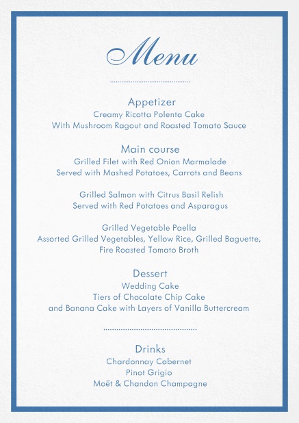 Menu card design with blue border and editable text.