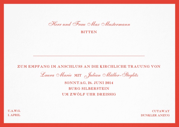 Einladungskarte mit Rahmen und unterschiedlichen Schrifttarten. Rot.