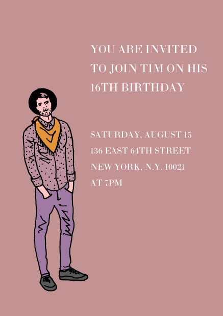 Online invitation in purple with young man for 16th birthday.
