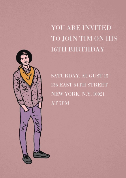 Invitation in purple with young man for 16th birthday.